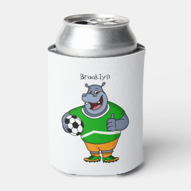 Funny hippo soccer player cartoon illustration can cooler (Can Front)