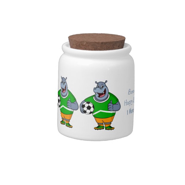 Funny hippo soccer player cartoon illustration candy jar (Left)