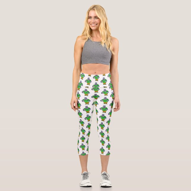 Funny hippo soccer player cartoon illustration  capri leggings (Front)