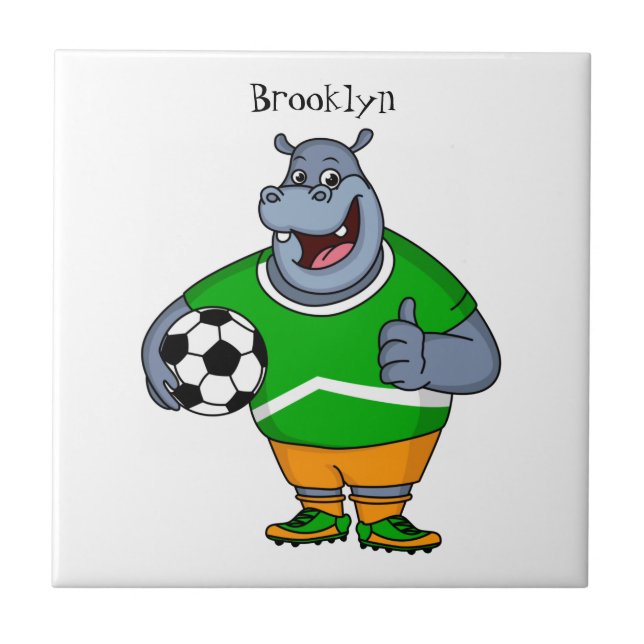 Funny hippo soccer player cartoon illustration ceramic tile (Front)
