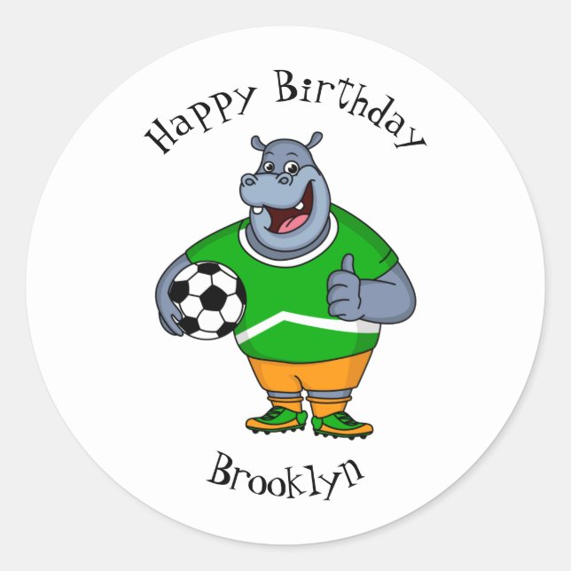 Funny hippo soccer player cartoon illustration classic round sticker (Front)