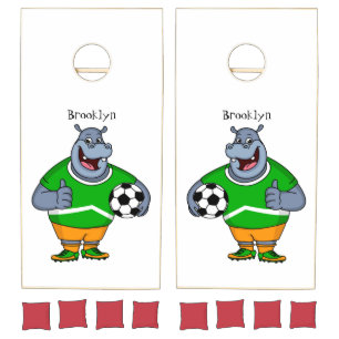 Funny hippo soccer player cartoon illustration  cornhole set