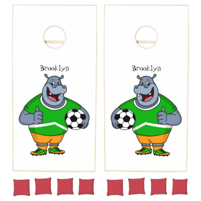 Funny hippo soccer player cartoon illustration  cornhole set (Set)