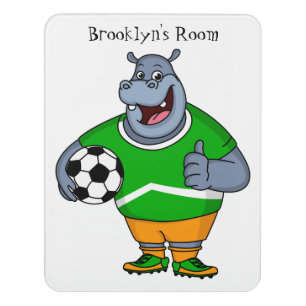 Funny hippo soccer player cartoon illustration door sign