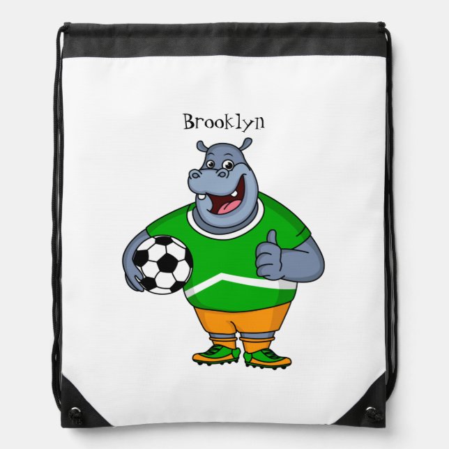 Funny hippo soccer player cartoon illustration drawstring bag (Front)