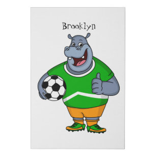 Funny hippo soccer player cartoon illustration faux canvas print