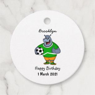 Funny hippo soccer player cartoon illustration favor tags