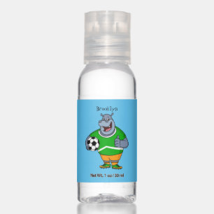 Funny hippo soccer player cartoon illustration hand sanitizer