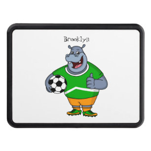Funny hippo soccer player cartoon illustration  hitch cover