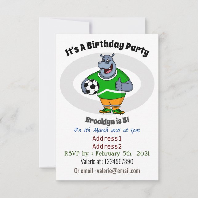 Funny hippo soccer player cartoon illustration invitation (Front)