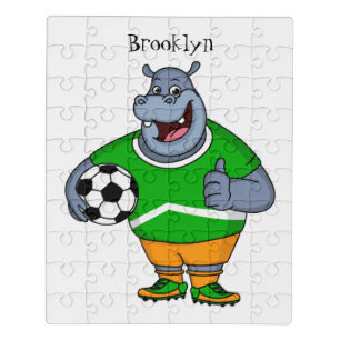 Funny hippo soccer player cartoon illustration jigsaw puzzle