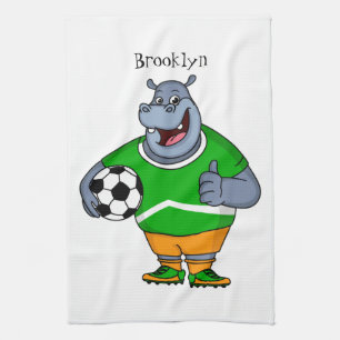 Funny hippo soccer player cartoon illustration kitchen towel