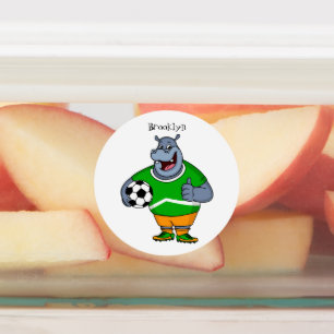 Funny hippo soccer player cartoon illustration labels