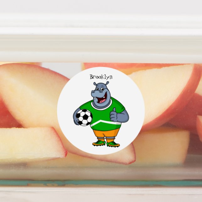 Funny hippo soccer player cartoon illustration labels (Affixed)