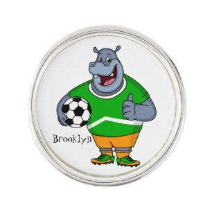 Funny hippo soccer player cartoon illustration lapel pin