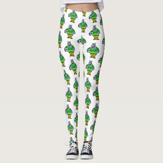 Funny hippo soccer player cartoon illustration leggings (Front)