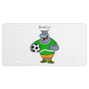 Funny hippo soccer player cartoon illustration license plate