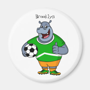 Funny hippo soccer player cartoon illustration magnet