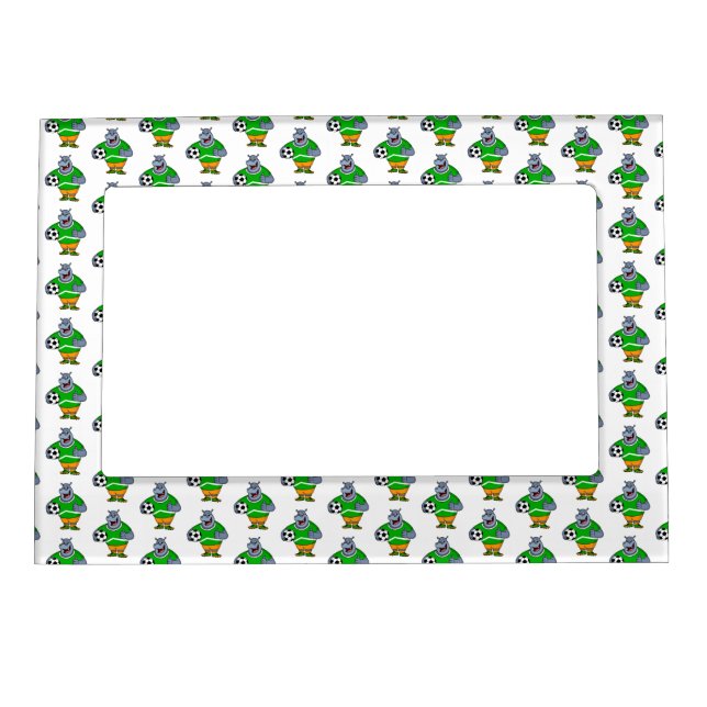 Funny hippo soccer player cartoon illustration magnetic frame (Front)