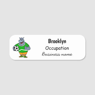 Funny hippo soccer player cartoon illustration name tag