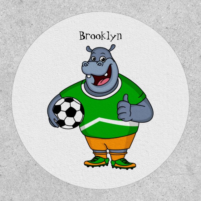 Funny hippo soccer player cartoon illustration patch (Front)