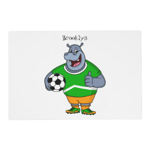Funny hippo soccer player cartoon illustration placemat