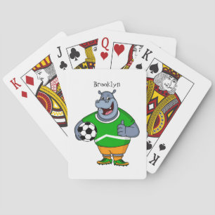 Funny hippo soccer player cartoon illustration poker cards
