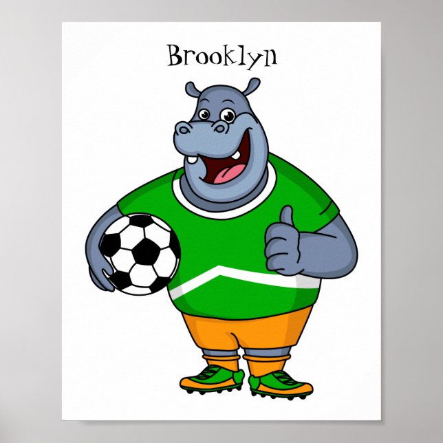 Funny hippo soccer player cartoon illustration poster (Front)