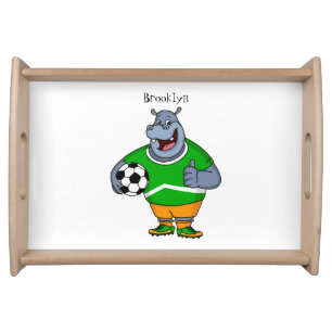 Funny hippo soccer player cartoon illustration serving tray