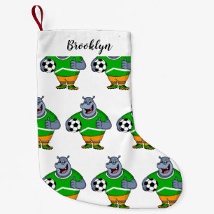 Funny hippo soccer player cartoon illustration small christmas stocking
