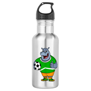 Funny hippo soccer player cartoon illustration stainless steel water bottle