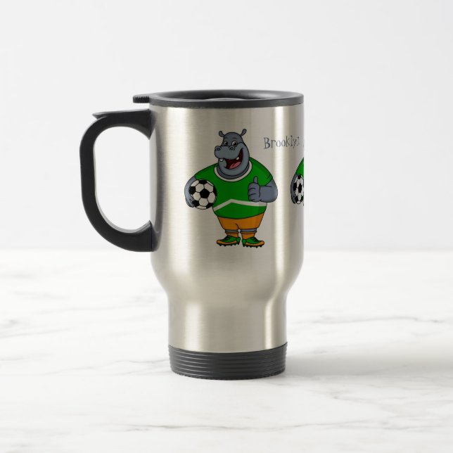 Funny hippo soccer player cartoon illustration travel mug (Left)