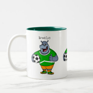 Funny hippo soccer player cartoon illustration Two-Tone coffee mug