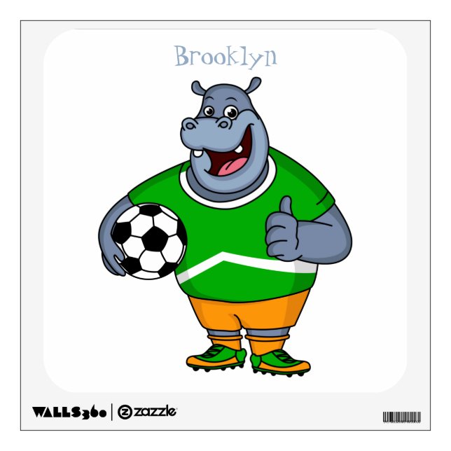 Funny hippo soccer player cartoon illustration  wall decal (Front)