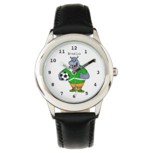 Funny hippo soccer player cartoon illustration watch
