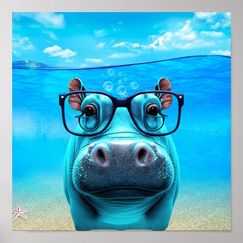 Funny Hippo with Glasses Hippopotamus Zoo Animal Poster