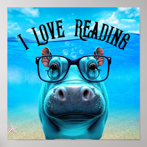 Funny Hippo with Glasses I Love Reading Library Poster