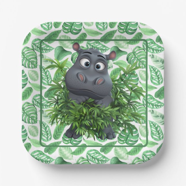 Funny Hippo With Green Palm Leaves Paper Napkin Paper Plates (Front)