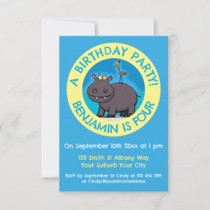 Funny hippopotamus personalized birthday cartoon invitation
