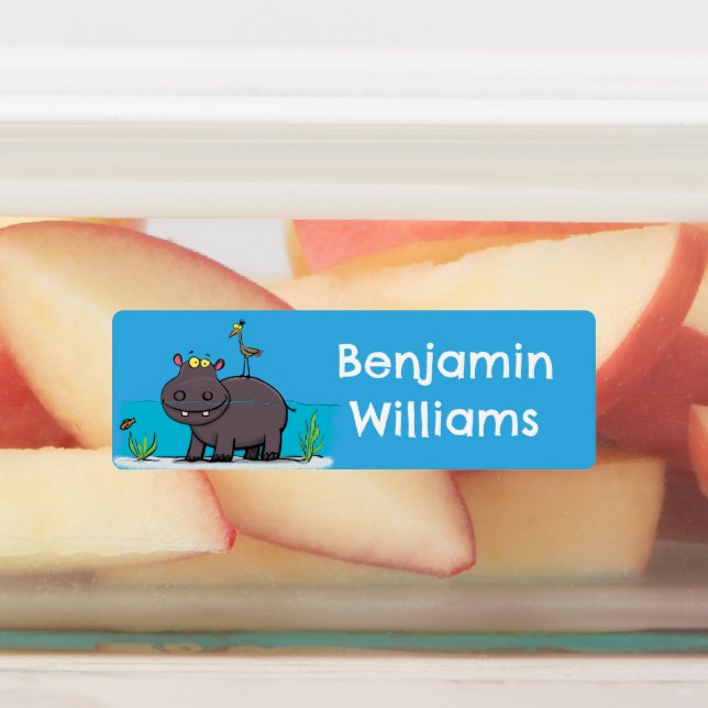 Funny hippopotamus with bird cartoon personalized labels (Affixed)