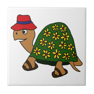 Funny Hippy Flower Turtle Cartoon Ceramic Tile