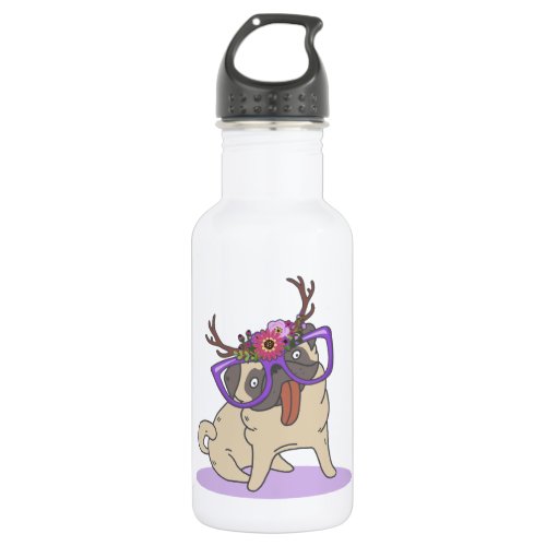 Funny Hipster Boho Floral Hippie Pug in Glasses Stainless Steel Water Bottle