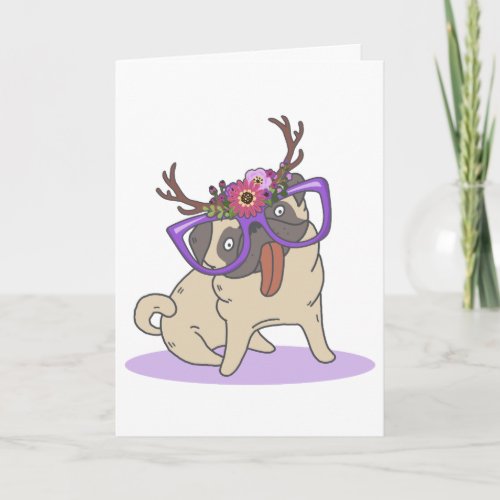 Funny Hipster Boho Floral Hippie Pug in Glasses Thank You Card