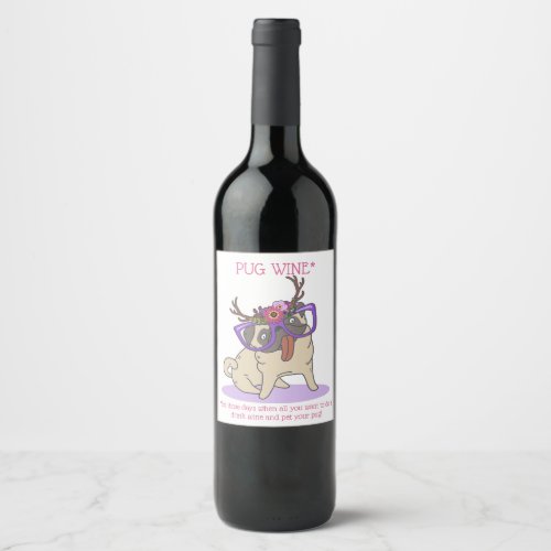 Funny Hipster Boho Floral Hippie Pug in Glasses Wine Label