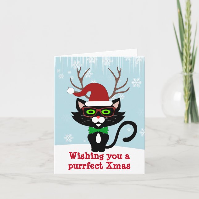 Funny Hipster Christmas cat with antlers Holiday Card (Front)