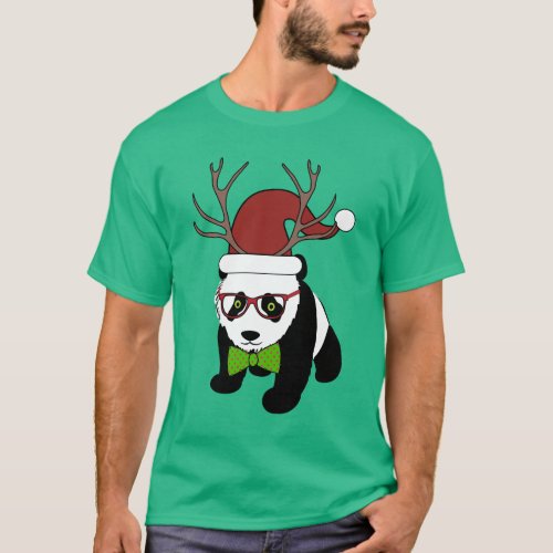 Funny Hipster Christmas Panda with antlers T_Shirt