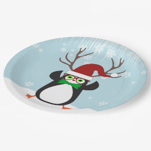 Funny Hipster Christmas Penguin with antlers Paper Plates