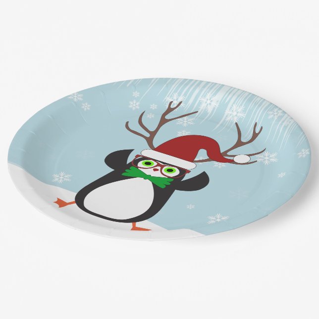 Funny Hipster Christmas Penguin with antlers Paper Plates (Angled)