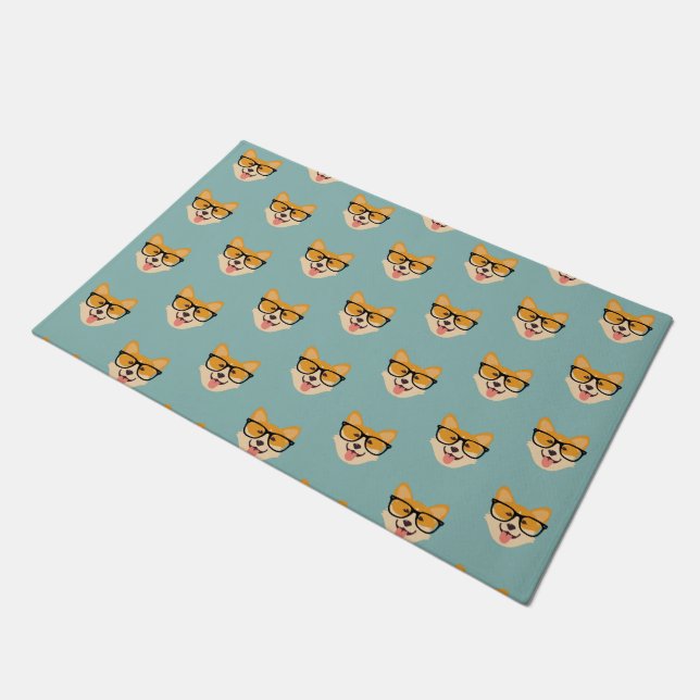 Funny Hipster Corgi Pattern Doormat (Angled)