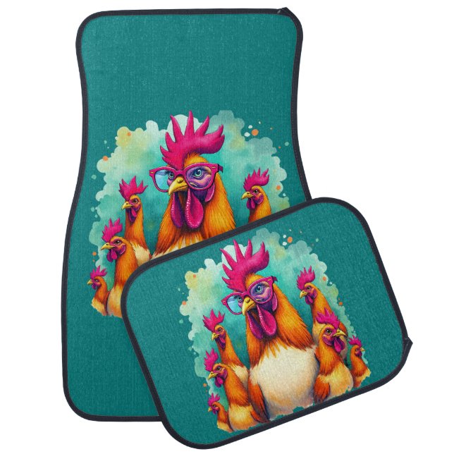 Funny Hipster Rooster Retro Pop Art Illustration Car Floor Mat (Set)